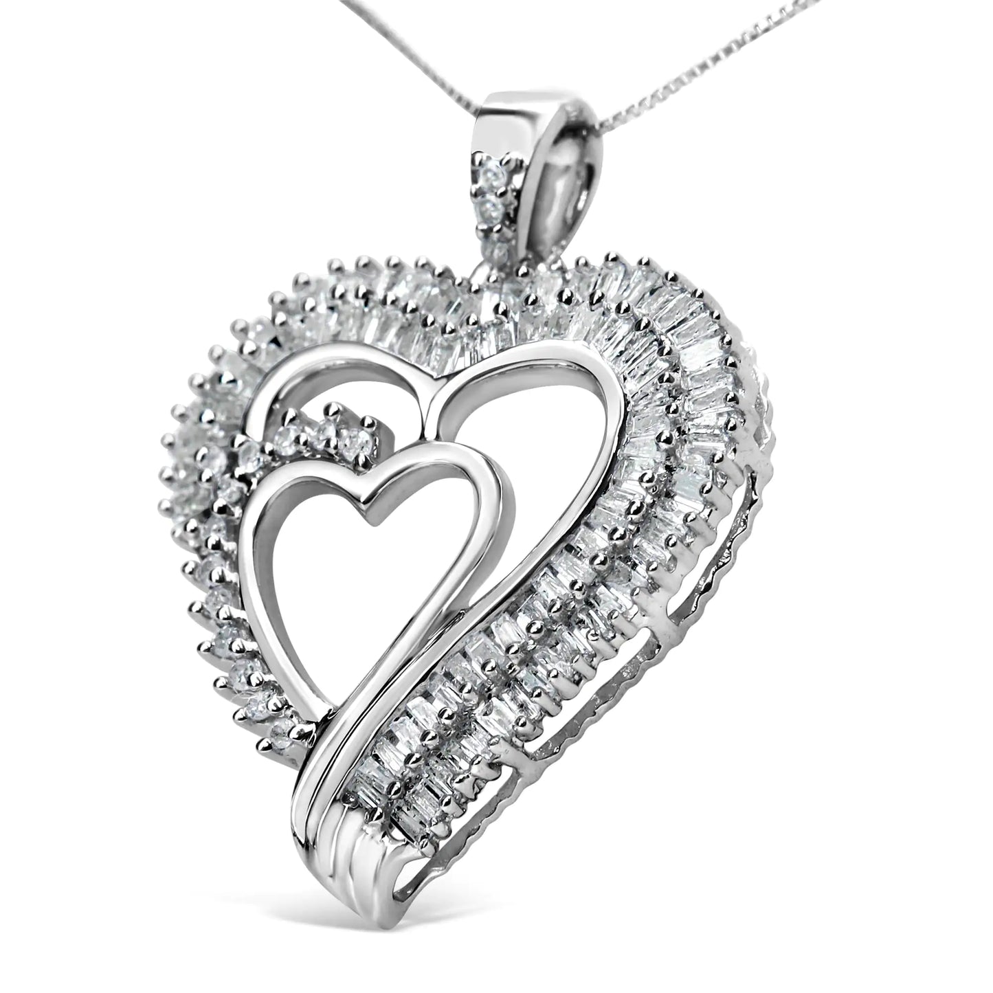 Sterling Silver and Baguette Diamond Double Heart Pendant 18" Necklace