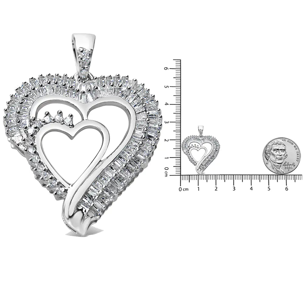 Sterling Silver and Baguette Diamond Double Heart Pendant 18" Necklace