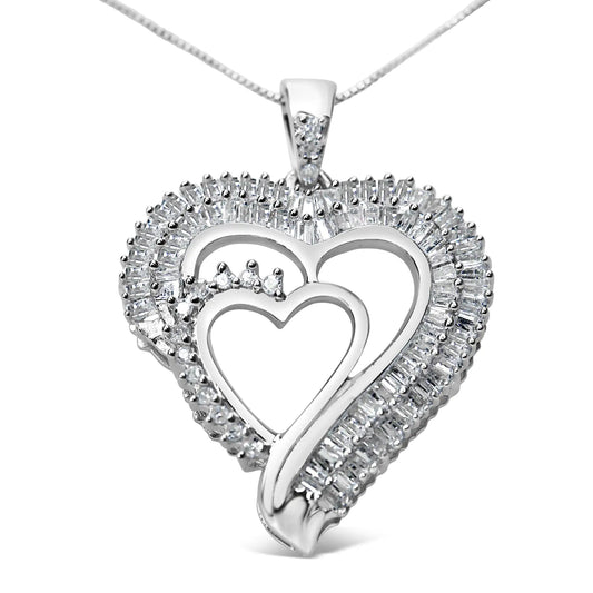 Sterling Silver and Baguette Diamond Double Heart Pendant 18" Necklace